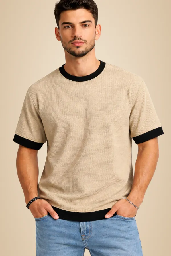 Beige_Cotton_Blend_Solid_Self_Design_Colorblock_Crew_Neck_T-Shirt_For_Men