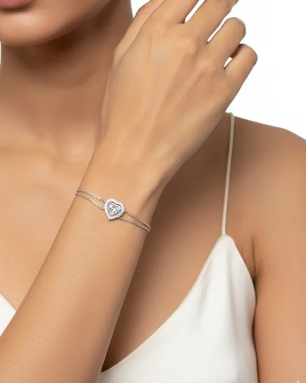 White_And_Silver_Sterling_Rhodium_Plated_Classic_Heart_Chain_Bracelet_For_Women