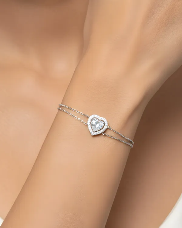 White_And_Silver_Sterling_Rhodium_Plated_Classic_Heart_Chain_Bracelet_For_Women