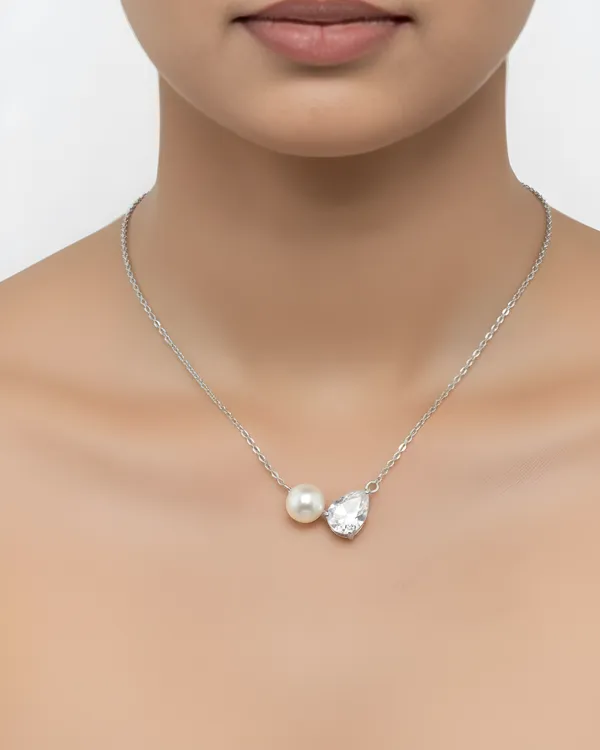 White_And_Silver_Sterling_Rhodium_Plated_Pearl_Pear_Necklace_For_Women