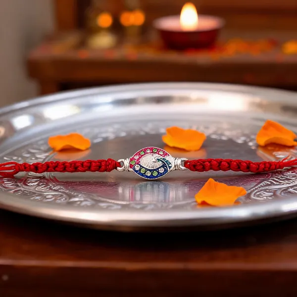 Pack_Of_1_Red_Thread_Silver_Peacock_Motif_Charm_Rakhi