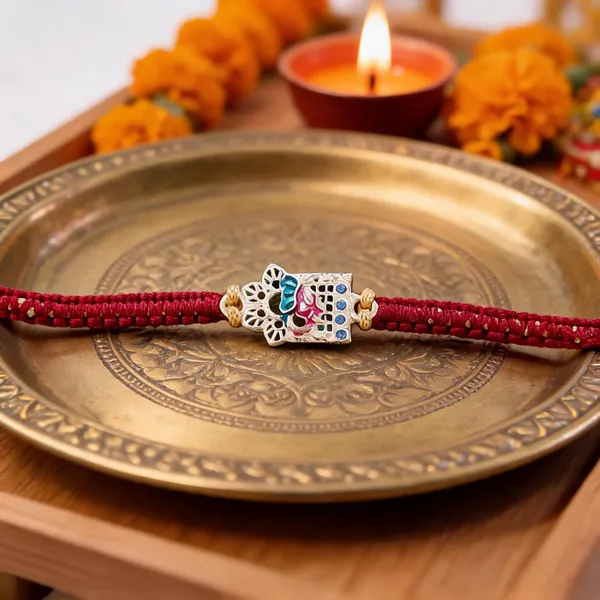Pack_Of_1_Maroon_Thread_Silver_Ganesha_Charm_Rakhi