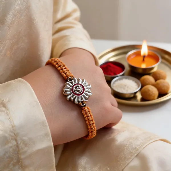 Pack_Of_1_Silver_Om_Surya_Charm_Braided_Orange_Thread_Rakhi