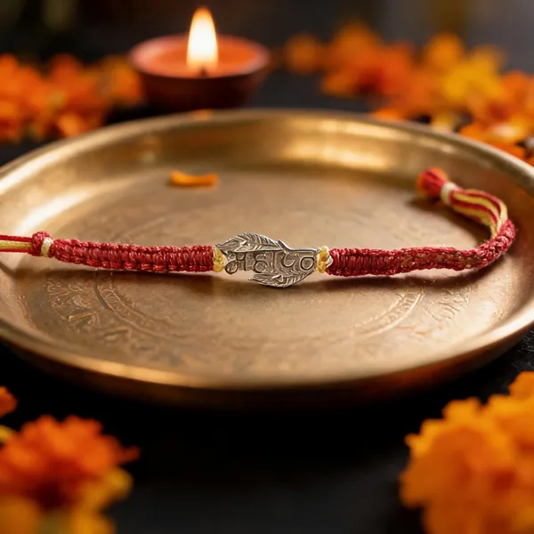 Pack_Of_1_Silver_Mahadev_Leaf_Charm_Pink_Yellow_Braided_Thread_Rakhi