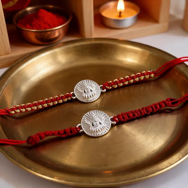 Silver_Ganesh_Lotus_Charm_Red_Thread_Rakhi_(Single_piece)