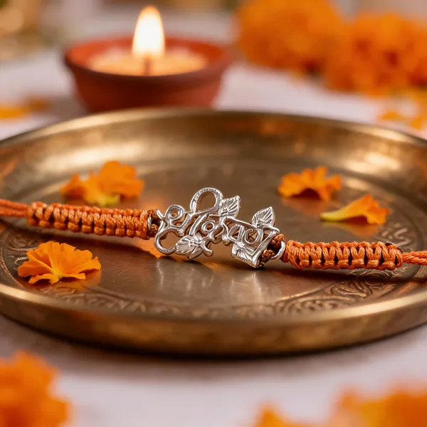 Pack_Of_1_Silver_Shree_Krishna_Charm_Orange_Thread_Rakhi