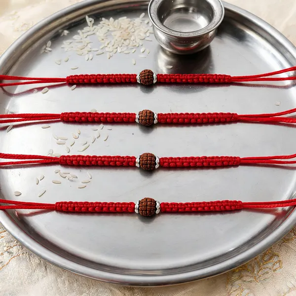 Pack_Of_5_92.5_Silver_Rudraksha_Charm_Braided_Red_Thread_Rakhi