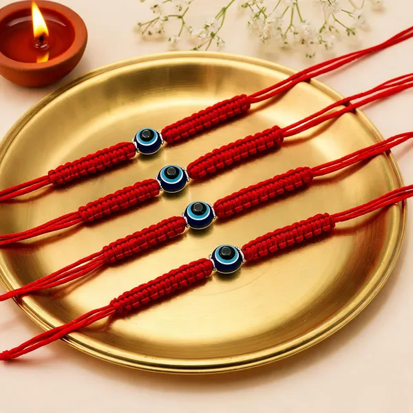 4_Pcs_Evil_Eye_Silver_Bead_Braided_Red_Thread_Rakhi_Combo