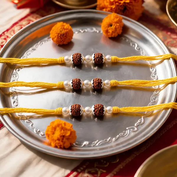 Pack_Of_5_Silver_Capped_Twin_Rudraksha_Pearl_Yellow_Thread_Rakhi