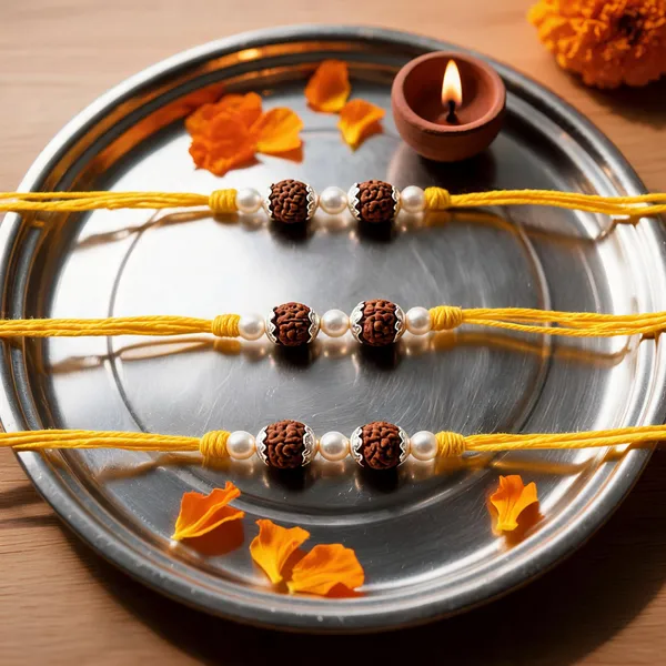 Pack_Of_5_Silver_Capped_Twin_Rudraksha_Pearl_Yellow_Thread_Rakhi
