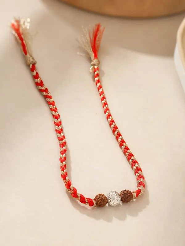 Pack_Of_1_Silver_Ball_Rudraksha_Braided_Red_Golden_Thread_Rakhi