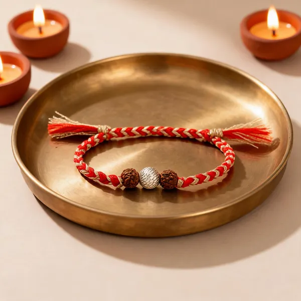 Pack_Of_1_Silver_Ball_Rudraksha_Braided_Red_Golden_Thread_Rakhi