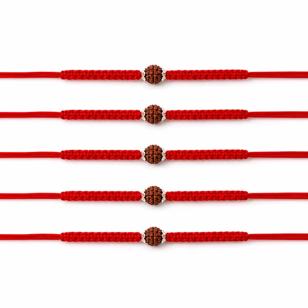 Pack_Of_5_92.5_Silver_Rudraksha_Charm_Braided_Red_Thread_Rakhi