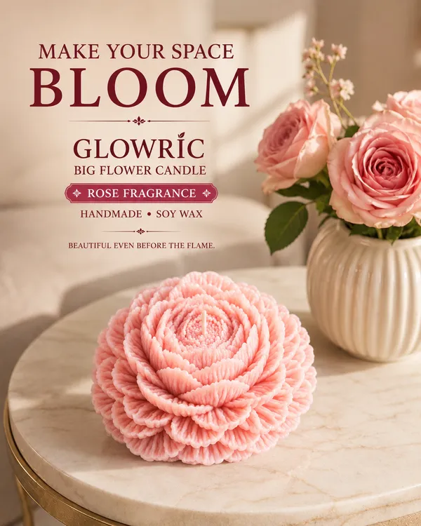 GLOWRIC_Big_Flower_Candles_Set_of_2_|_Handmade_Rose_Fragrance_Soy_Wax_Scented_Candles_|_Light_Pink_Floral_Decorative_Candles_for_Home_Decor,_Gifting_&_Special_Occasions