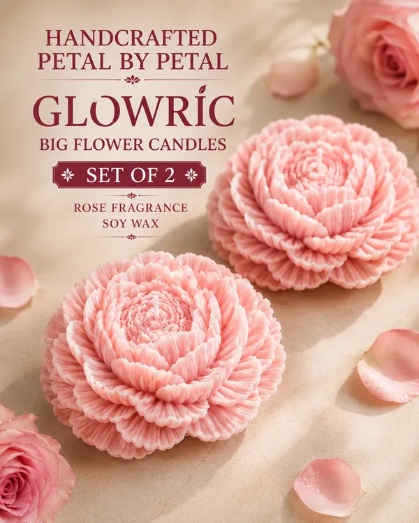GLOWRIC_Big_Flower_Candles_Set_of_2_|_Handmade_Rose_Fragrance_Soy_Wax_Scented_Candles_|_Light_Pink_Floral_Decorative_Candles_for_Home_Decor,_Gifting_&_Special_Occasions