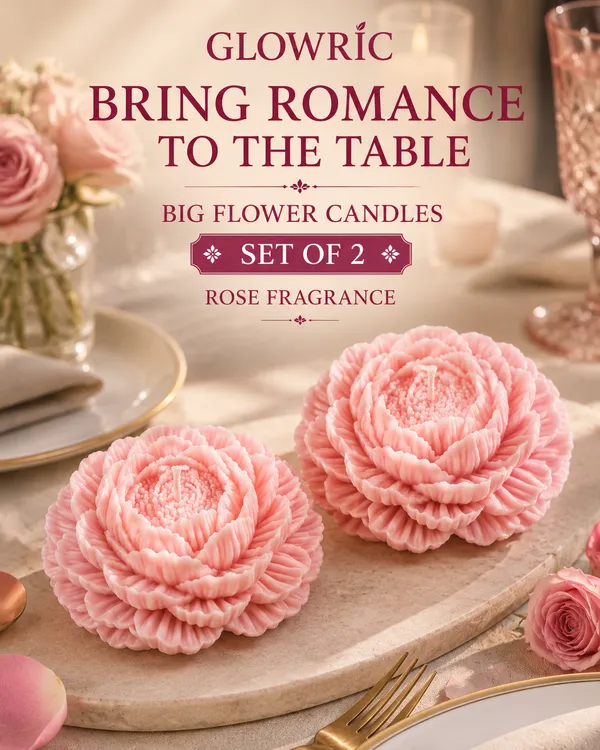 GLOWRIC_Big_Flower_Candles_Set_of_2_|_Handmade_Rose_Fragrance_Soy_Wax_Scented_Candles_|_Light_Pink_Floral_Decorative_Candles_for_Home_Decor,_Gifting_&_Special_Occasions