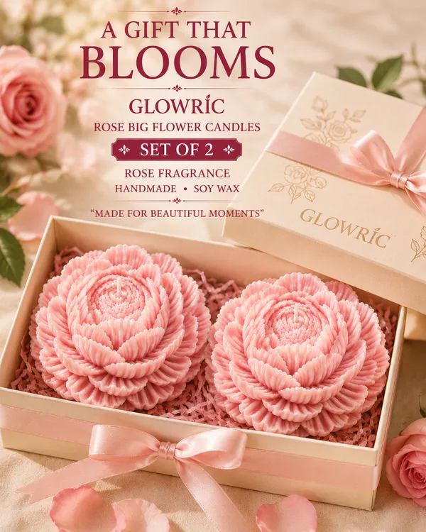GLOWRIC_Big_Flower_Candles_Set_of_2_|_Handmade_Rose_Fragrance_Soy_Wax_Scented_Candles_|_Light_Pink_Floral_Decorative_Candles_for_Home_Decor,_Gifting_&_Special_Occasions