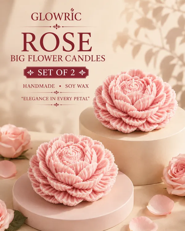 GLOWRIC_Big_Flower_Candles_Set_of_2_|_Handmade_Rose_Fragrance_Soy_Wax_Scented_Candles_|_Light_Pink_Floral_Decorative_Candles_for_Home_Decor,_Gifting_&_Special_Occasions