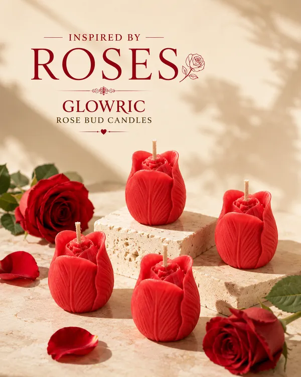 GLOWRIC_Handmade_Red_Rose_Bud_Candles_Pack_of_4_|_Soy_Wax_Rose_Fragrance_Candles_|_Scented_Decorative_Flower_Candles_for_Home_Decor,_Gifting_&_Special_Occasions