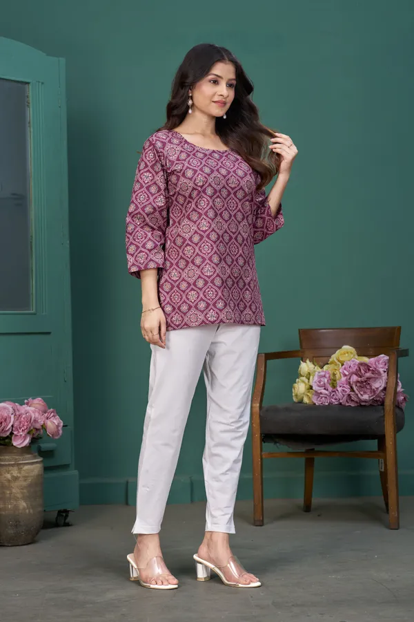 FADROX_Wine_Printed_Cotton_Casual_Top_for_Women_|_3/4_Sleeve_Round_Neck_Stylish_Ethnic_Top
