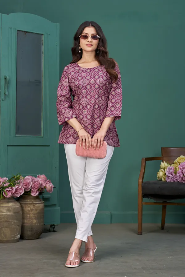 FADROX_Wine_Printed_Cotton_Casual_Top_for_Women_|_3/4_Sleeve_Round_Neck_Stylish_Ethnic_Top