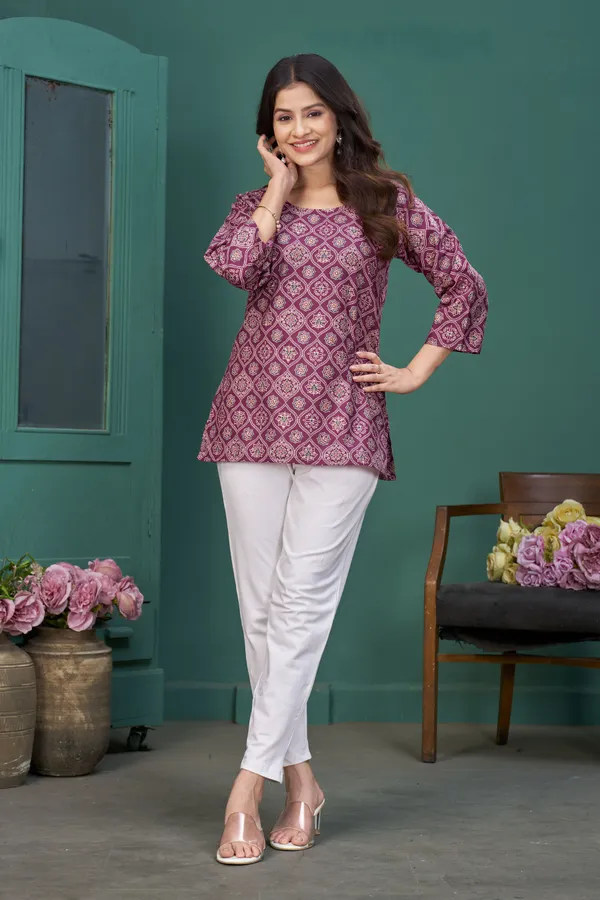 FADROX_Wine_Printed_Cotton_Casual_Top_for_Women_|_3/4_Sleeve_Round_Neck_Stylish_Ethnic_Top
