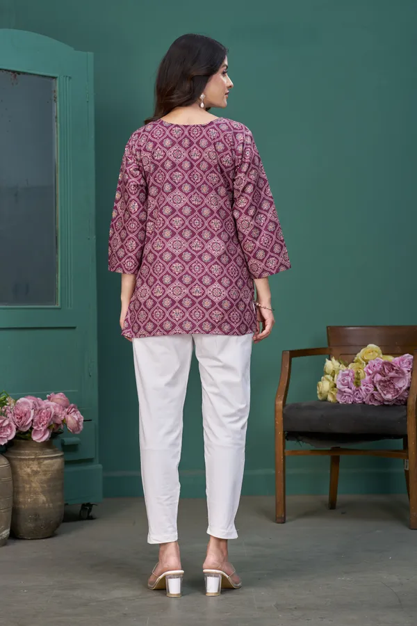 FADROX_Wine_Printed_Cotton_Casual_Top_for_Women_|_3/4_Sleeve_Round_Neck_Stylish_Ethnic_Top