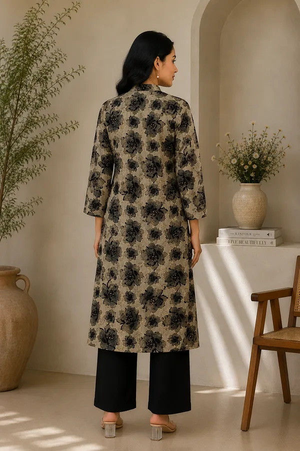 Beige_&_Black_Floral_Printed_Vatican_Kurta_Pant_Set_for_Women