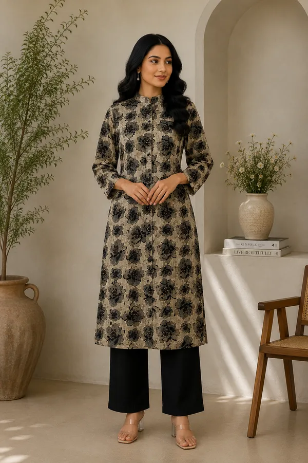 Beige_&_Black_Floral_Printed_Vatican_Kurta_Pant_Set_for_Women