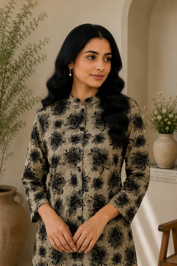 Beige_&_Black_Floral_Printed_Vatican_Kurta_Pant_Set_for_Women