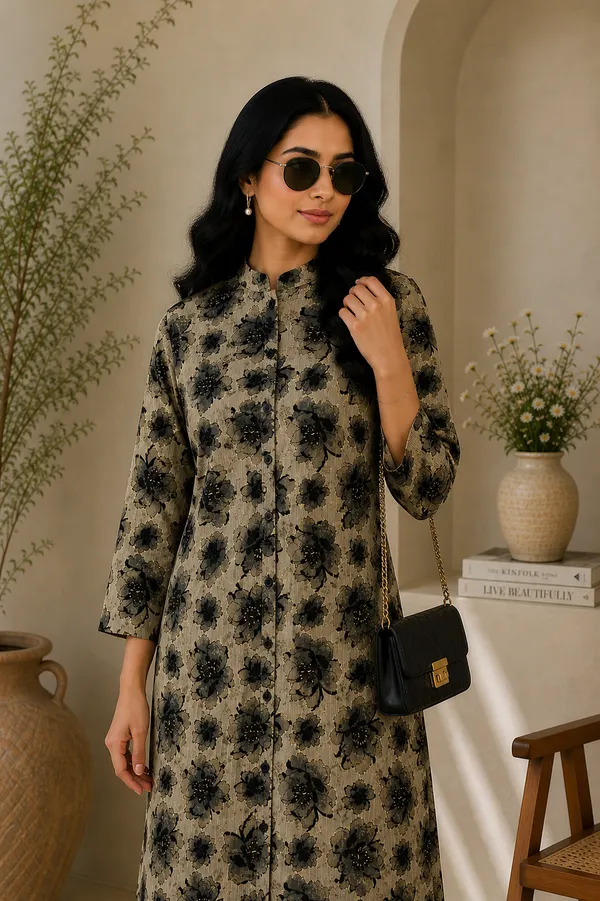 Beige_&_Black_Floral_Printed_Vatican_Kurta_Pant_Set_for_Women