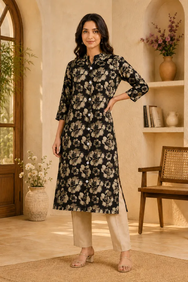 Black_Floral_Printed_Vatican_Kurta_Pant_Set_for_Women