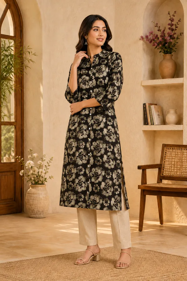 Black_Floral_Printed_Vatican_Kurta_Pant_Set_for_Women