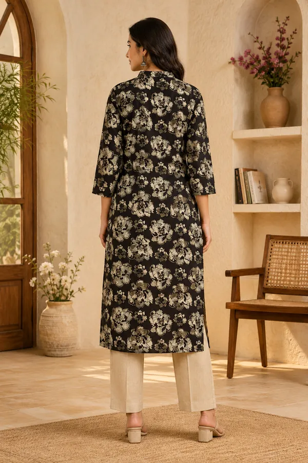 Black_Floral_Printed_Vatican_Kurta_Pant_Set_for_Women