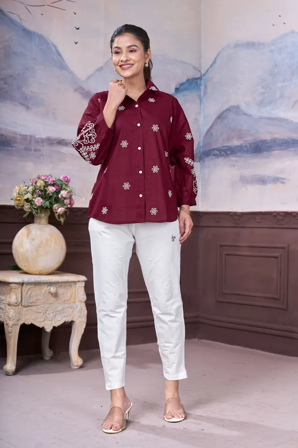 FADROX_Maroon_Embroidered_Cotton_Shirt_Style_Top_for_Women