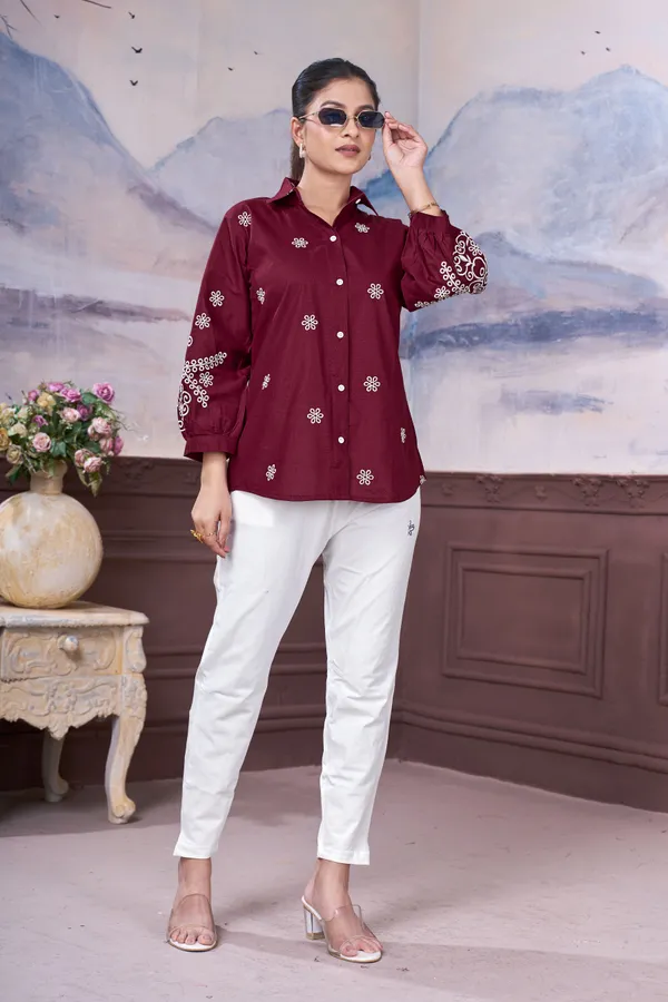 FADROX_Maroon_Embroidered_Cotton_Shirt_Style_Top_for_Women