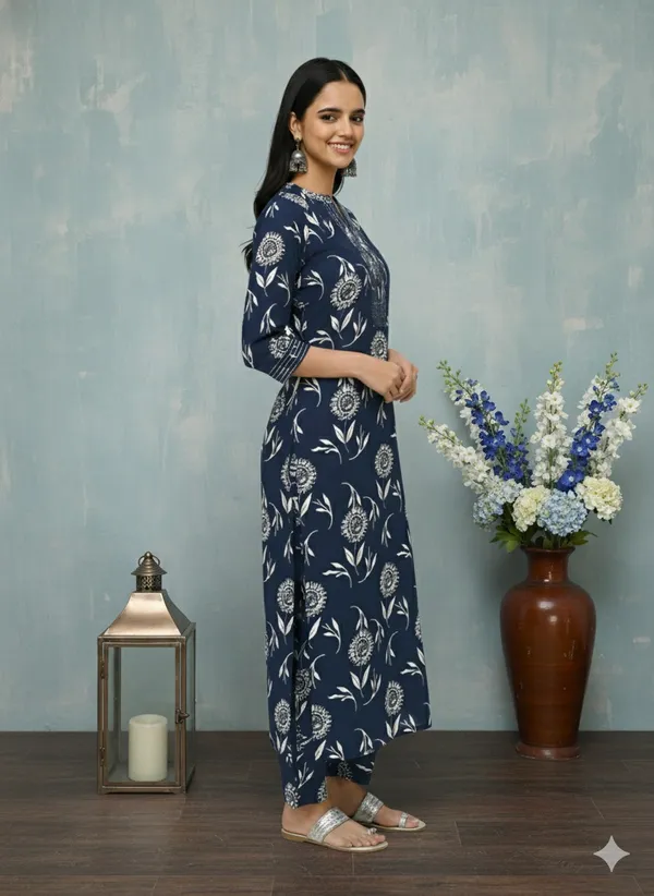 Navy_Blue_Poly_Rayon_Kurta_Pant_Set_For_Women