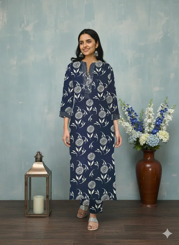 Navy_Blue_Poly_Rayon_Kurta_Pant_Set_For_Women