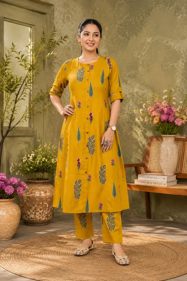 Mustard_Printed_Rayon_Kurta_Pant_Set_for_Women