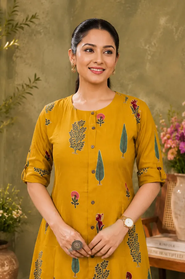 Mustard_Printed_Rayon_Kurta_Pant_Set_for_Women