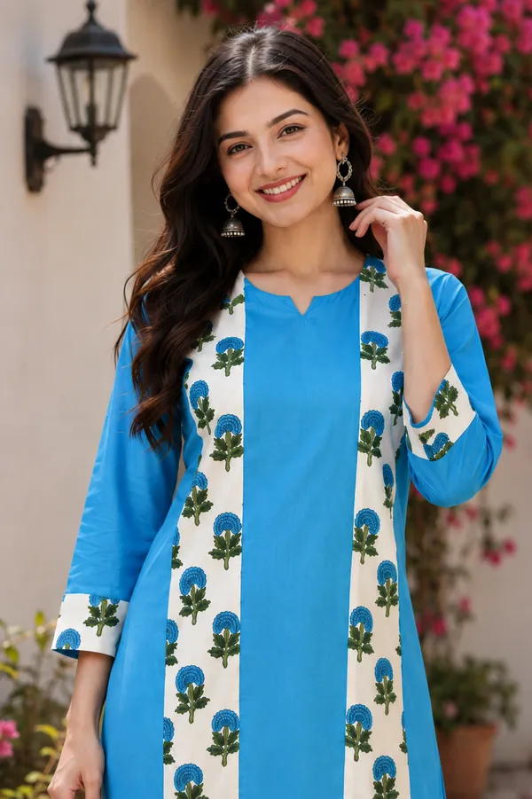 Women's_Blue_Floral_Panel_Rayon_Kurti