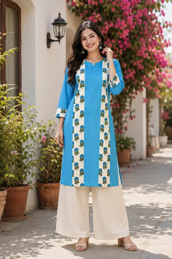 Women's_Blue_Floral_Panel_Rayon_Kurti