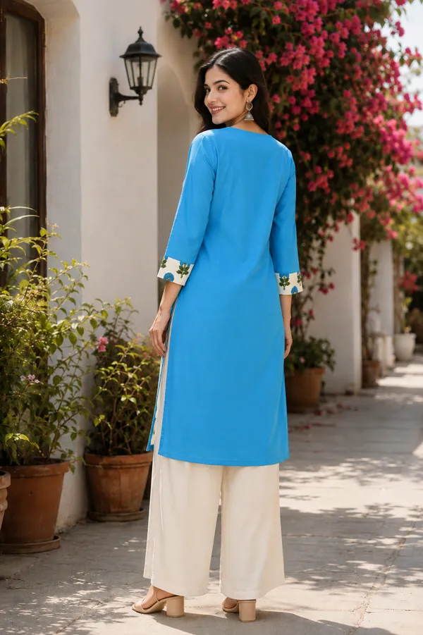 Women's_Blue_Floral_Panel_Rayon_Kurti