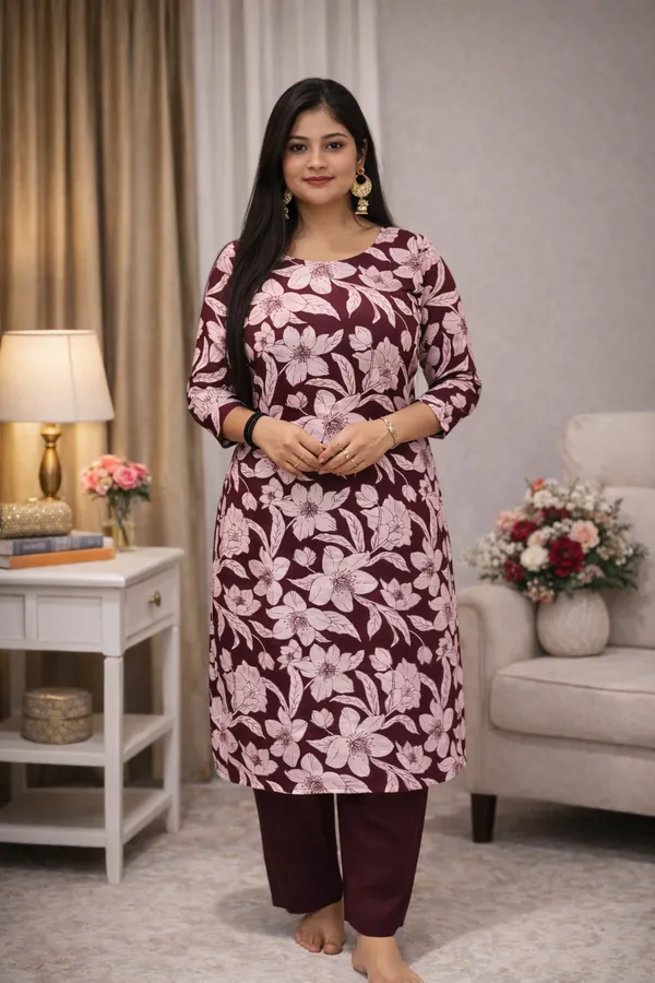 Women’s_Maroon_Floral_Printed_Kurti_Pant_Set