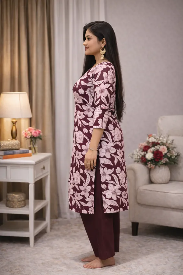 Women’s_Maroon_Floral_Printed_Kurti_Pant_Set