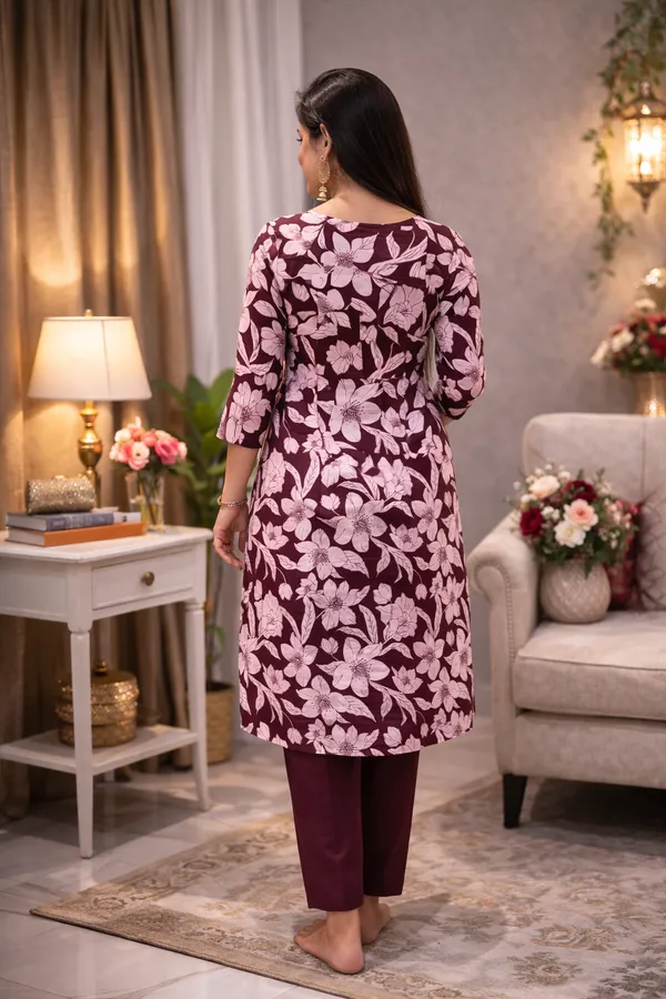 Women’s_Maroon_Floral_Printed_Kurti_Pant_Set