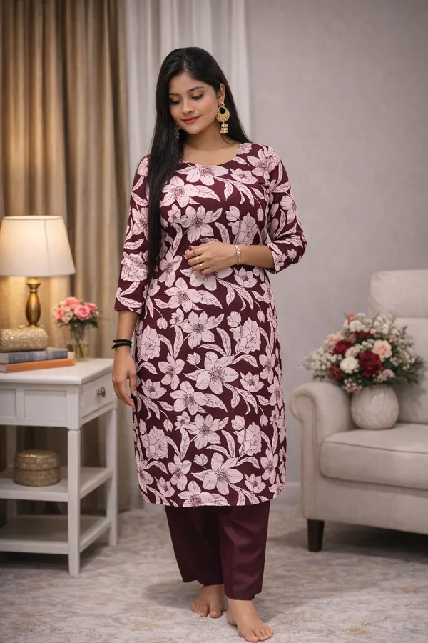 Women’s_Maroon_Floral_Printed_Kurti_Pant_Set