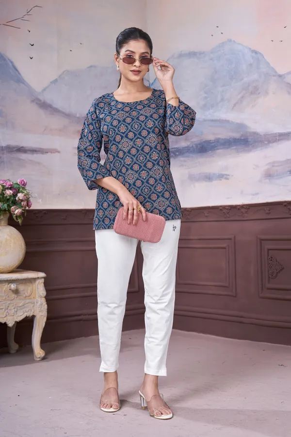 FADROX_Navy_Blue_Printed_Cotton_Straight_Top_for_Women_|_3/4_Sleeve_Casual_Ethnic_Top