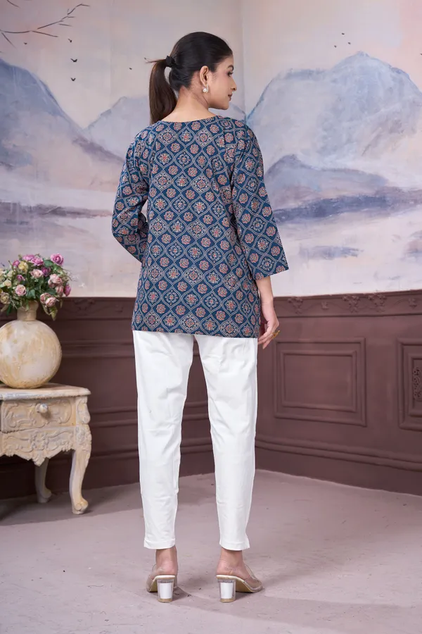 FADROX_Navy_Blue_Printed_Cotton_Straight_Top_for_Women_|_3/4_Sleeve_Casual_Ethnic_Top