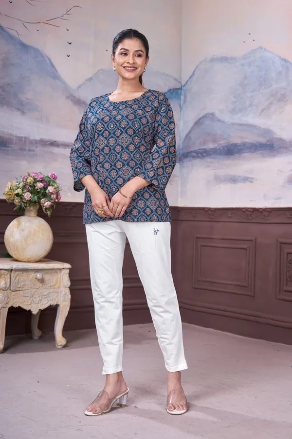 FADROX_Navy_Blue_Printed_Cotton_Straight_Top_for_Women_|_3/4_Sleeve_Casual_Ethnic_Top